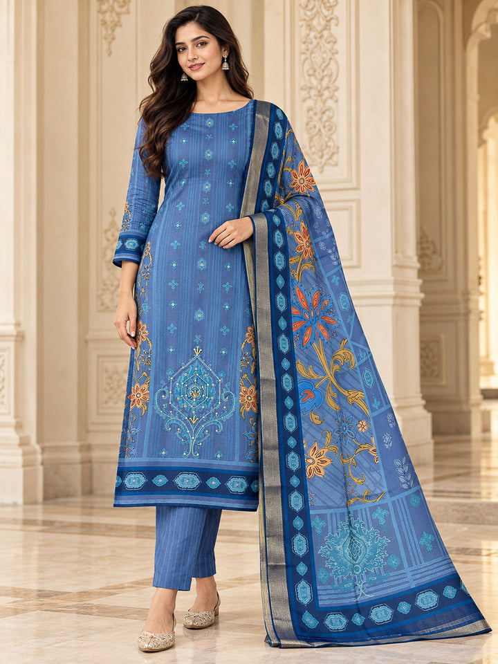 Blue Chanderi Printed Unstitched Dress Material