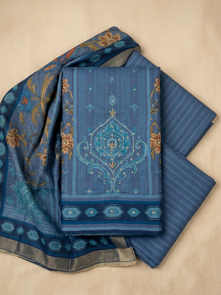Blue Chanderi Printed Unstitched Dress Material