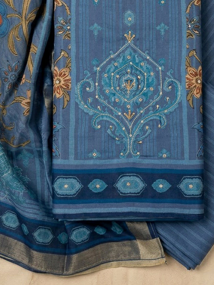 Blue Chanderi Printed Unstitched Dress Material
