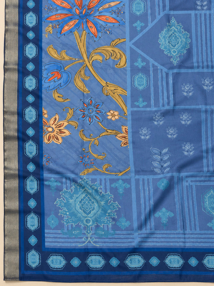 Blue Chanderi Printed Unstitched Dress Material