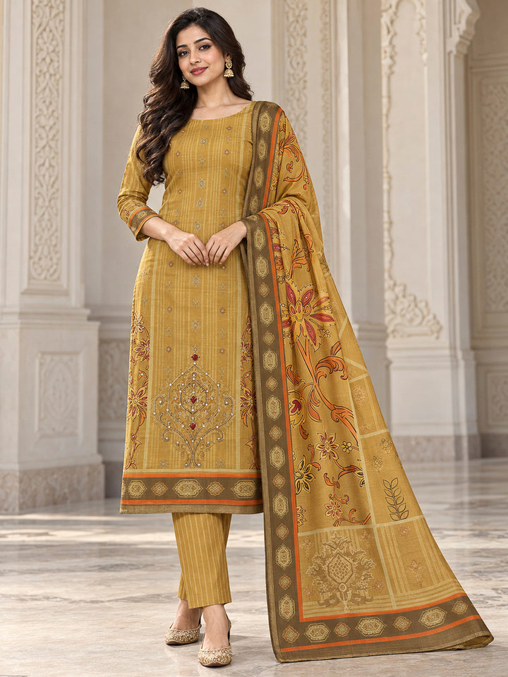 Mustard Chanderi Printed Unstitched Dress Material