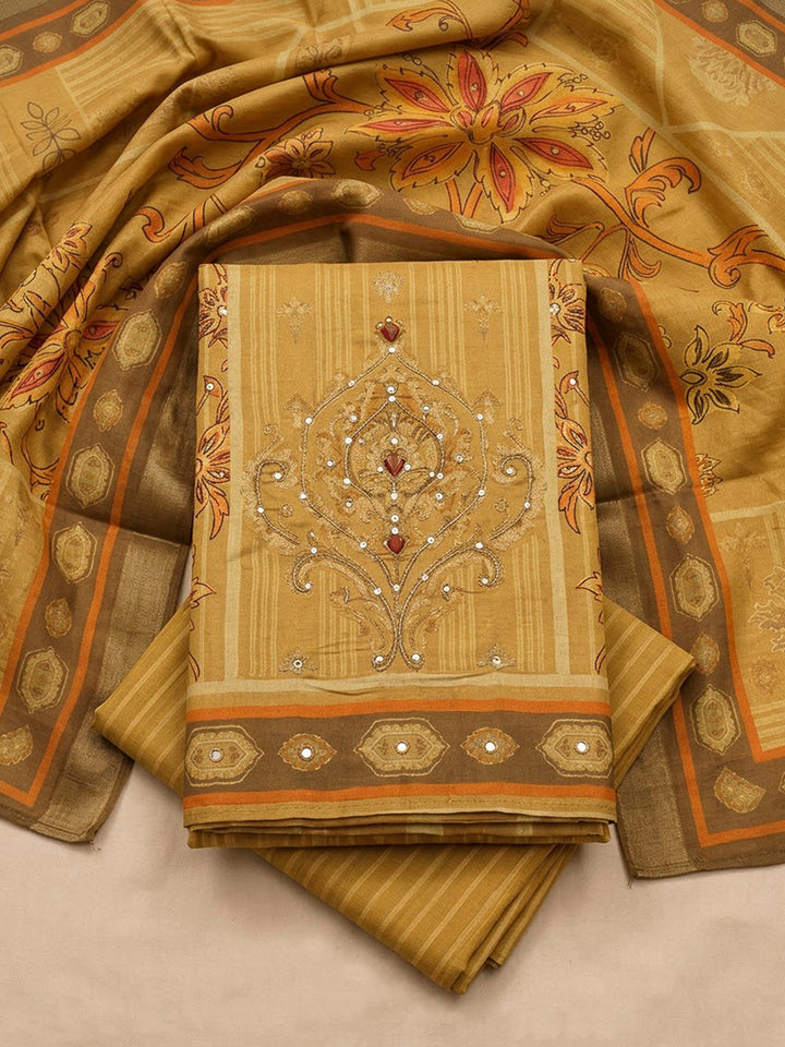 Mustard Chanderi Printed Unstitched Dress Material