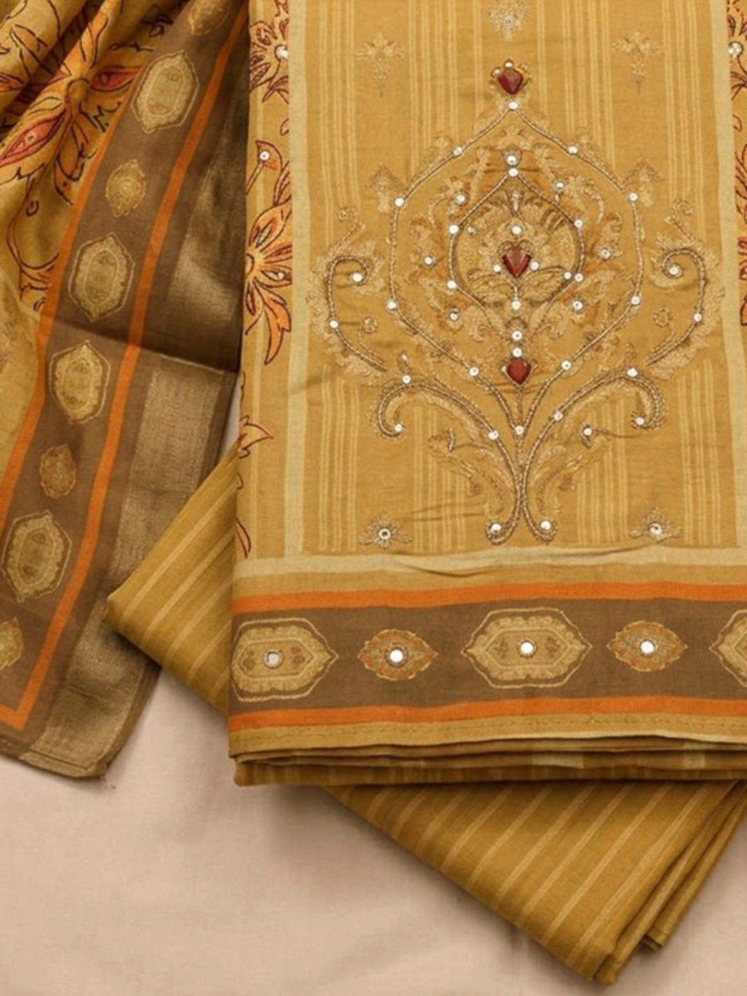 Mustard Chanderi Printed Unstitched Dress Material