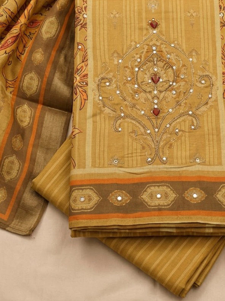Mustard Chanderi Printed Unstitched Dress Material