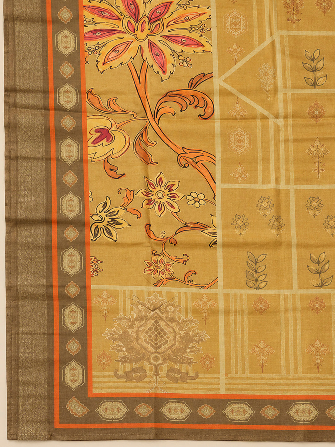 Mustard Chanderi Printed Unstitched Dress Material