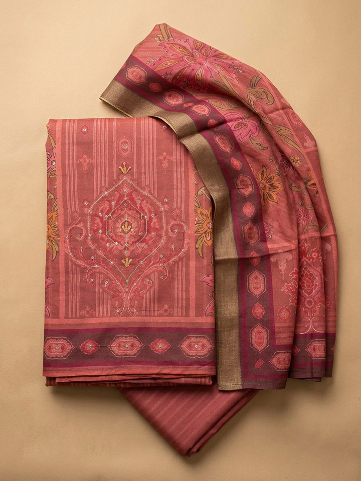Peach Chanderi Printed Unstitched Dress Material