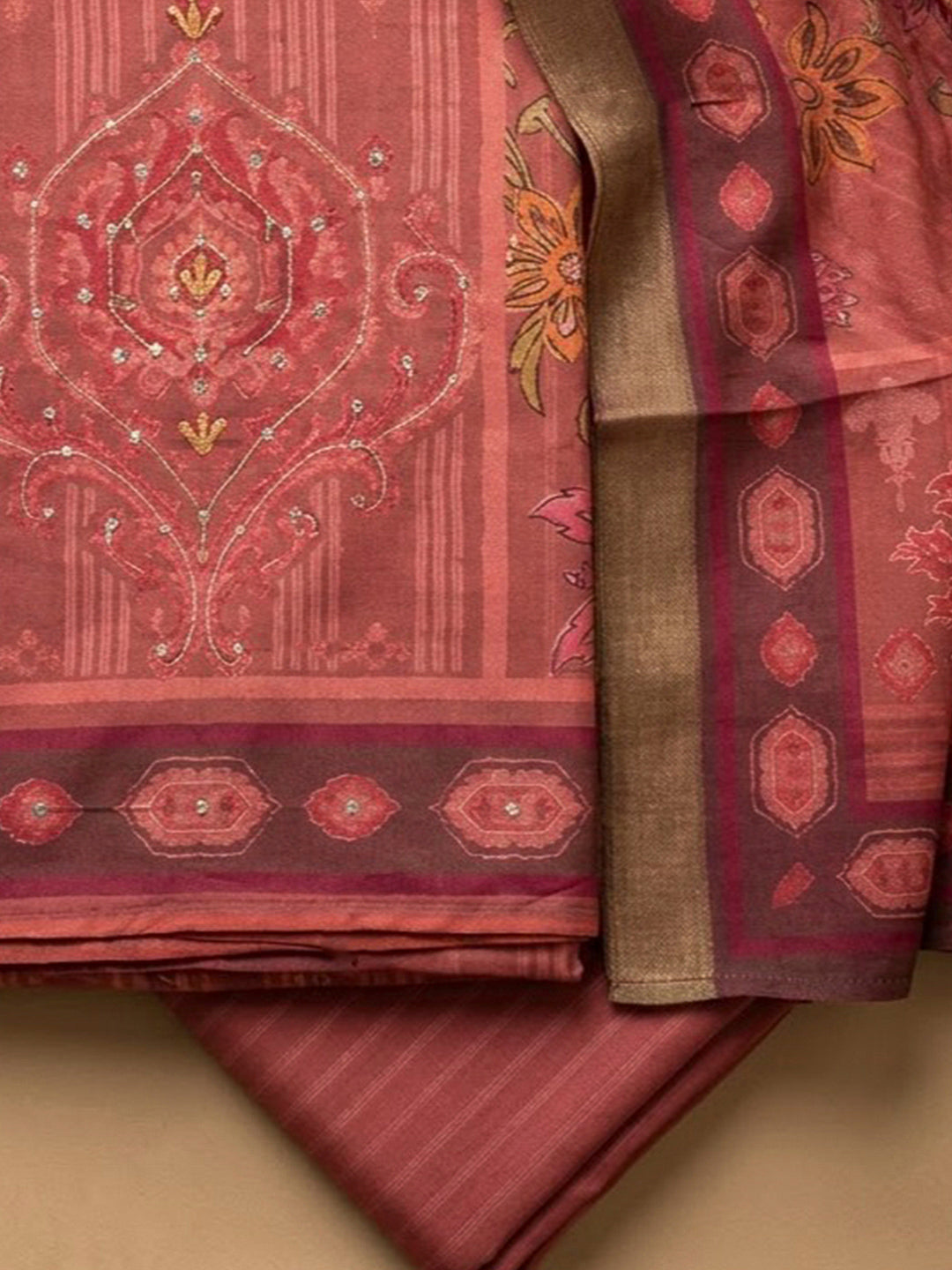 Peach Chanderi Printed Unstitched Dress Material