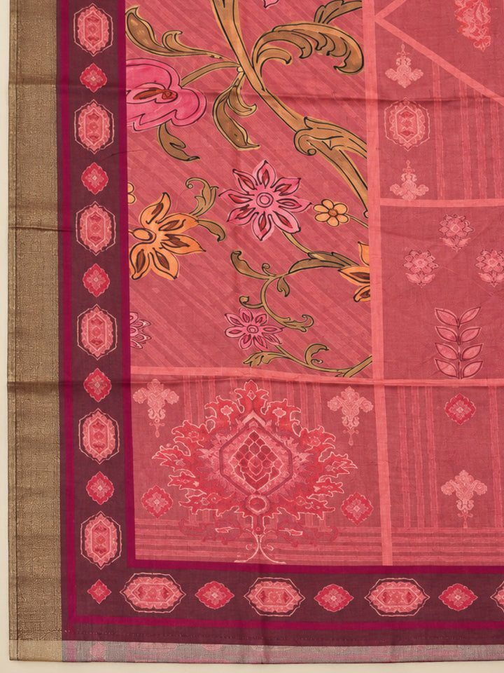 Peach Chanderi Printed Unstitched Dress Material