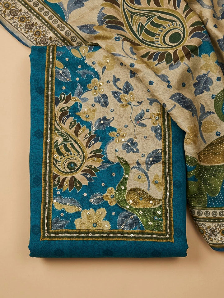 Blue Art Silk Printed Unstitched Dress Material
