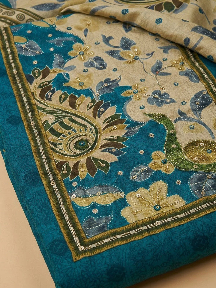 Blue Art Silk Printed Unstitched Dress Material