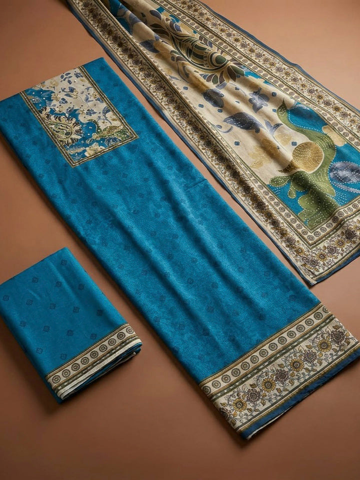 Blue Art Silk Printed Unstitched Dress Material