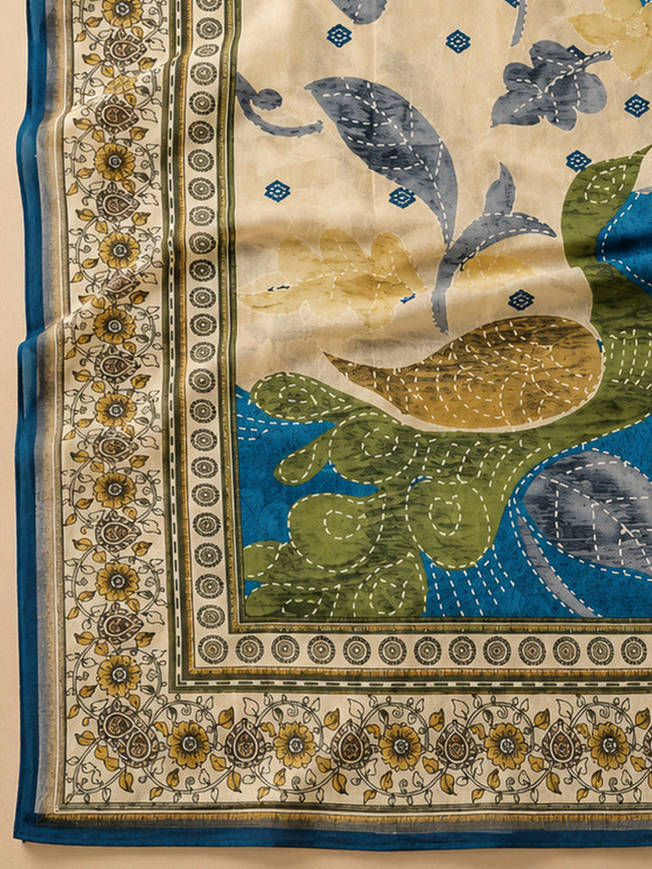 Blue Art Silk Printed Unstitched Dress Material
