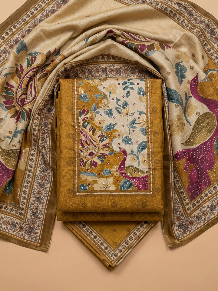 Mustard Art Silk Printed Unstitched Dress Material