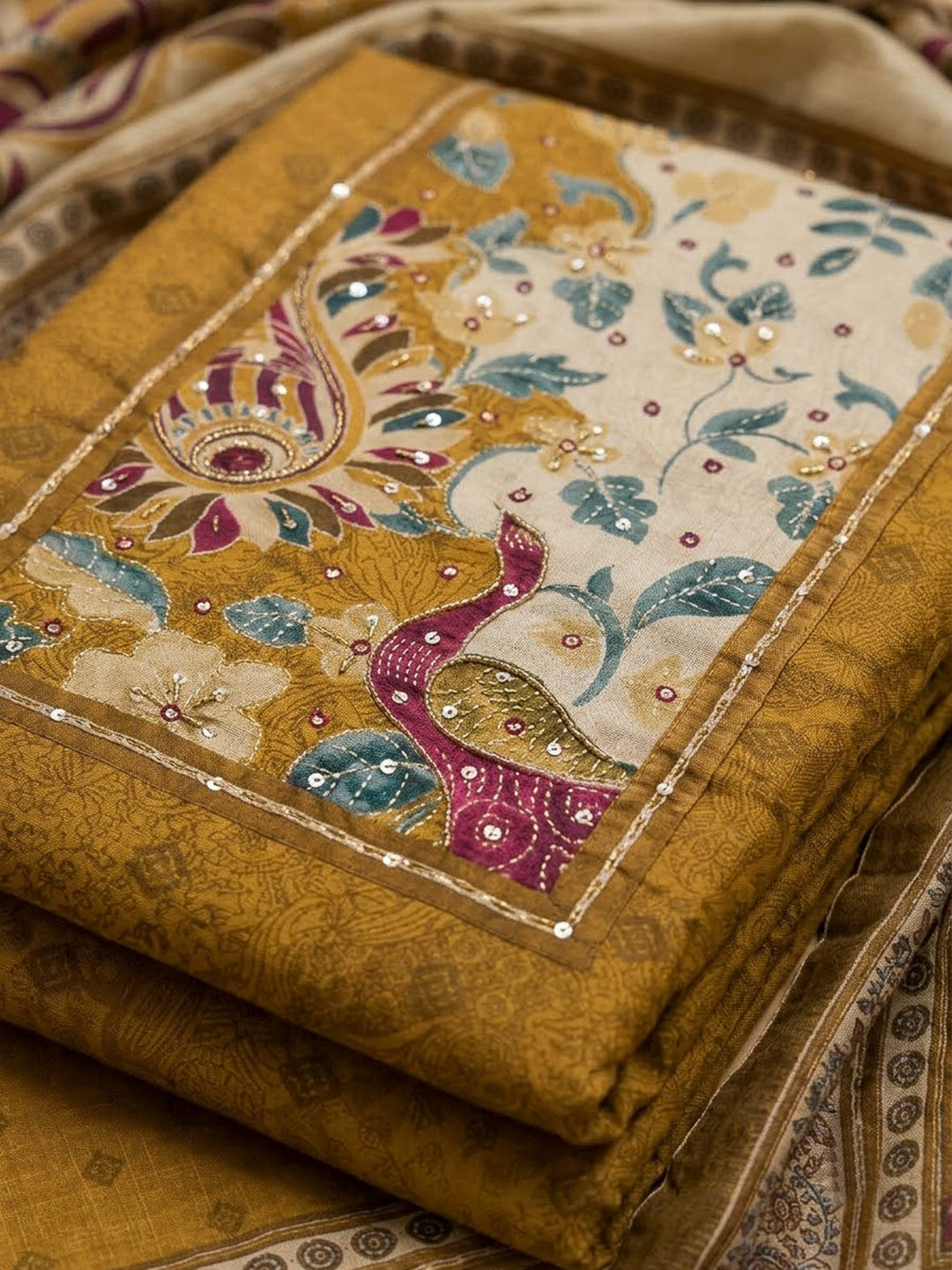 Mustard Art Silk Printed Unstitched Dress Material