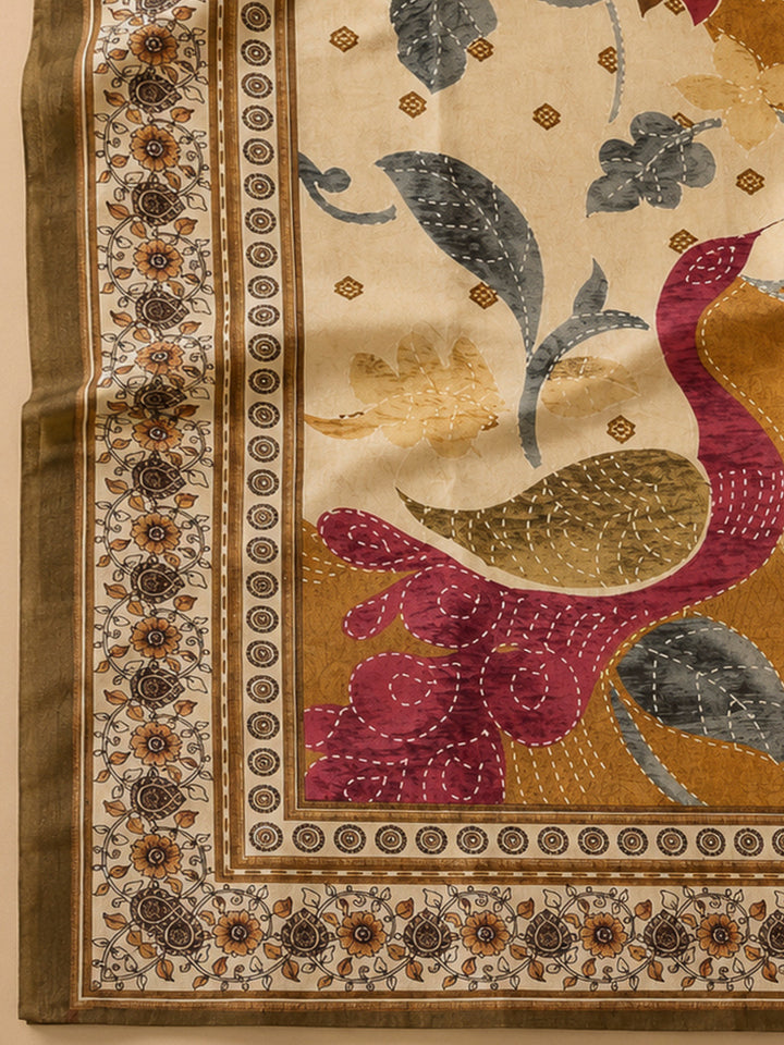 Mustard Art Silk Printed Unstitched Dress Material