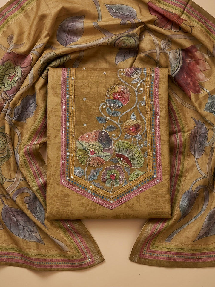 Mustard Chanderi Printed Unstitched Dress Material