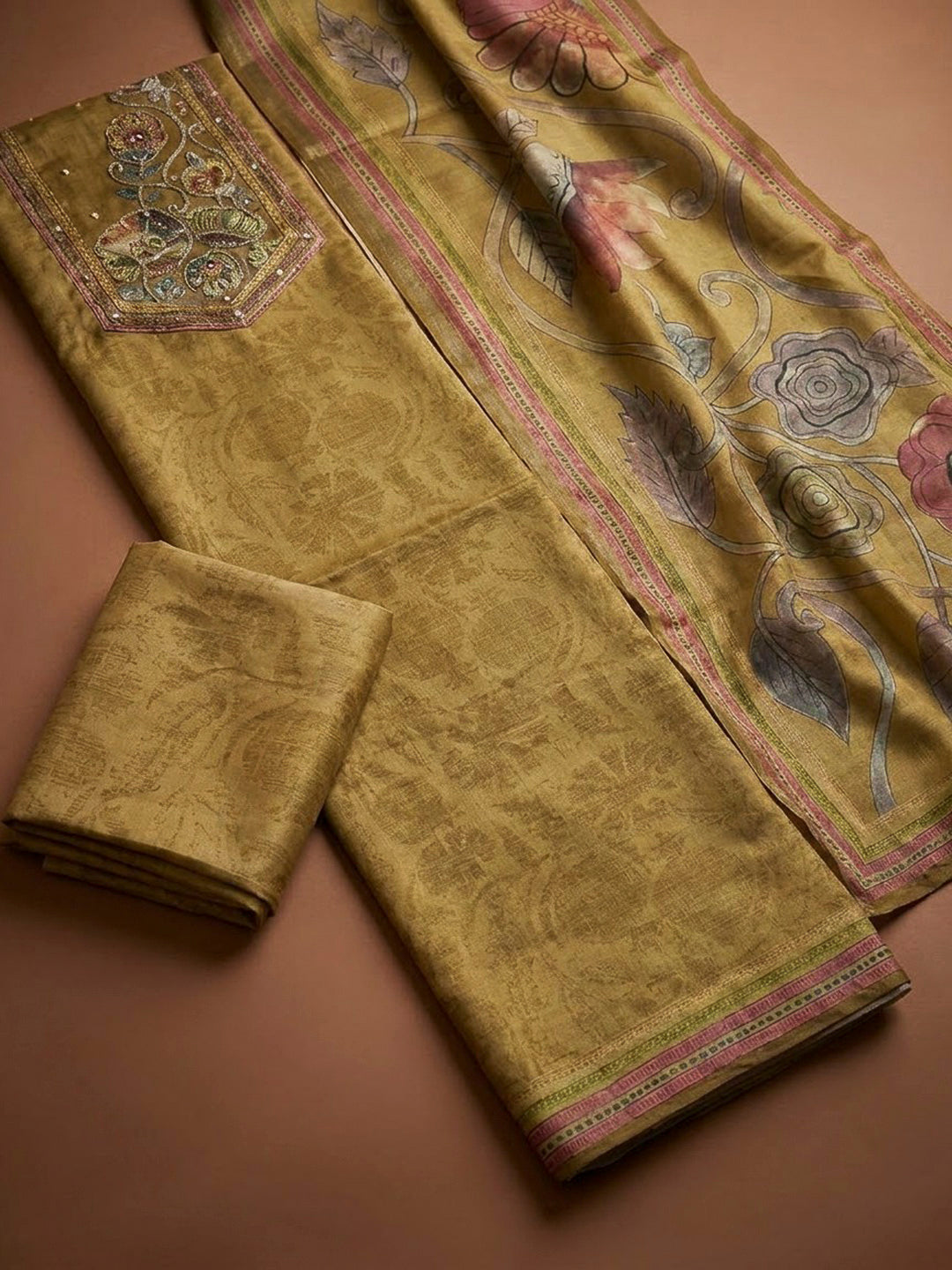 Mustard Chanderi Printed Unstitched Dress Material