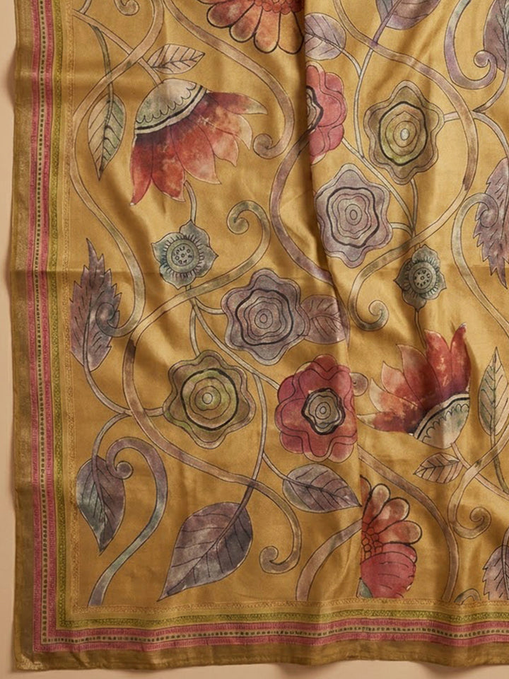 Mustard Chanderi Printed Unstitched Dress Material