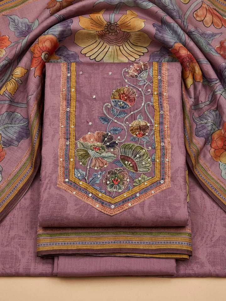 Onion Pink Chanderi Printed Unstitched Dress Material