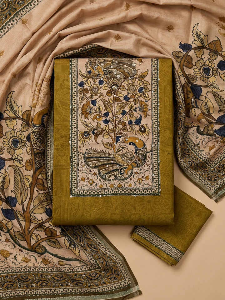 Mustard Chanderi Printed Unstitched Dress Material