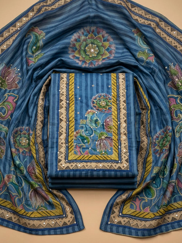 Blue Art Silk Printed Unstitched Dress Material