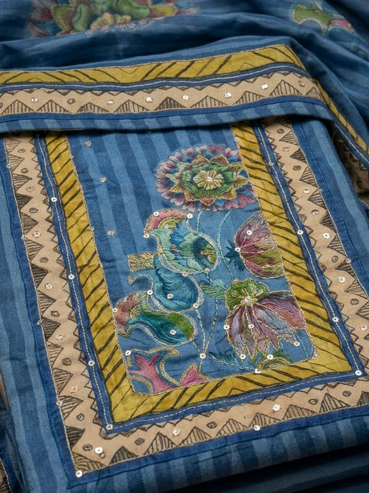 Blue Art Silk Printed Unstitched Dress Material