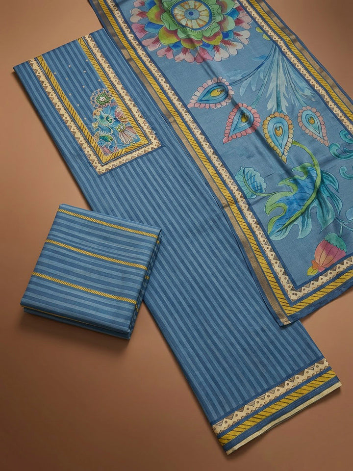 Blue Art Silk Printed Unstitched Dress Material