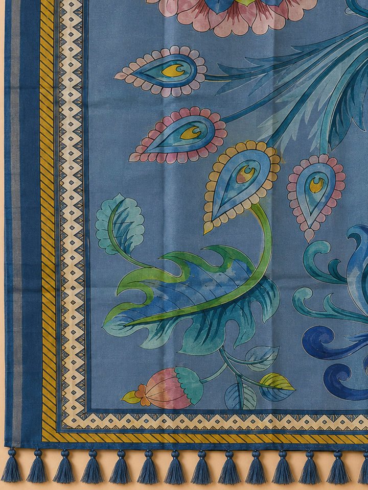 Blue Art Silk Printed Unstitched Dress Material