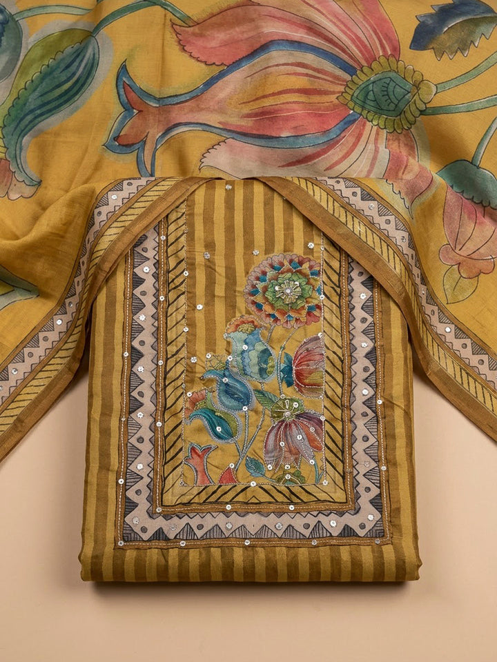 Mustard Art Silk Printed Unstitched Dress Material