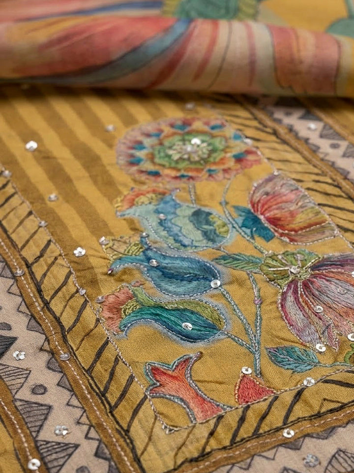 Mustard Art Silk Printed Unstitched Dress Material