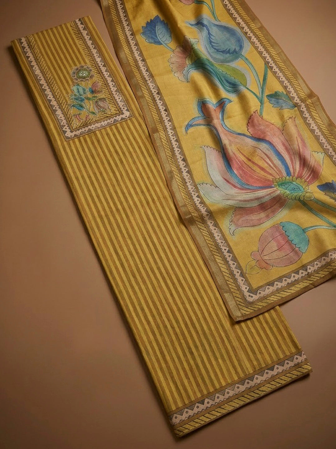 Mustard Art Silk Printed Unstitched Dress Material