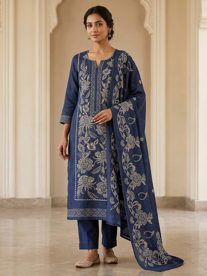 Blue Chanderi Printed Unstitched Dress Material