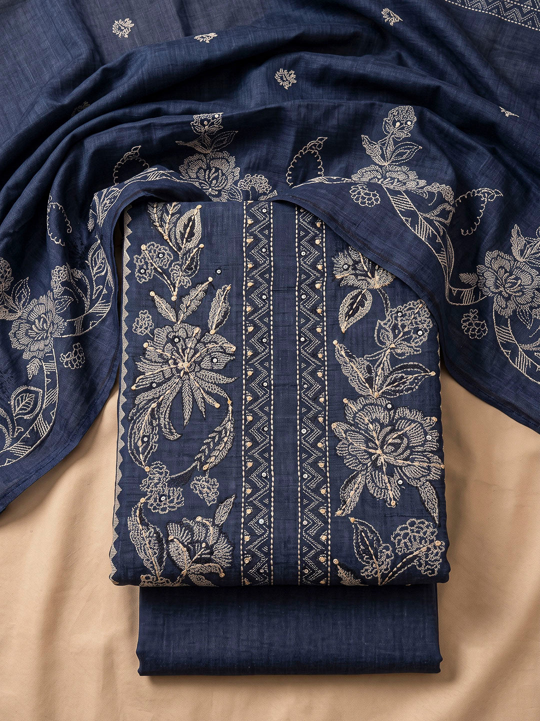 Blue Chanderi Printed Unstitched Dress Material
