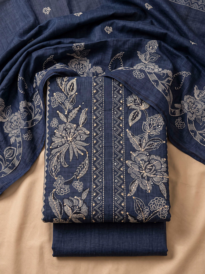 Blue Chanderi Printed Unstitched Dress Material