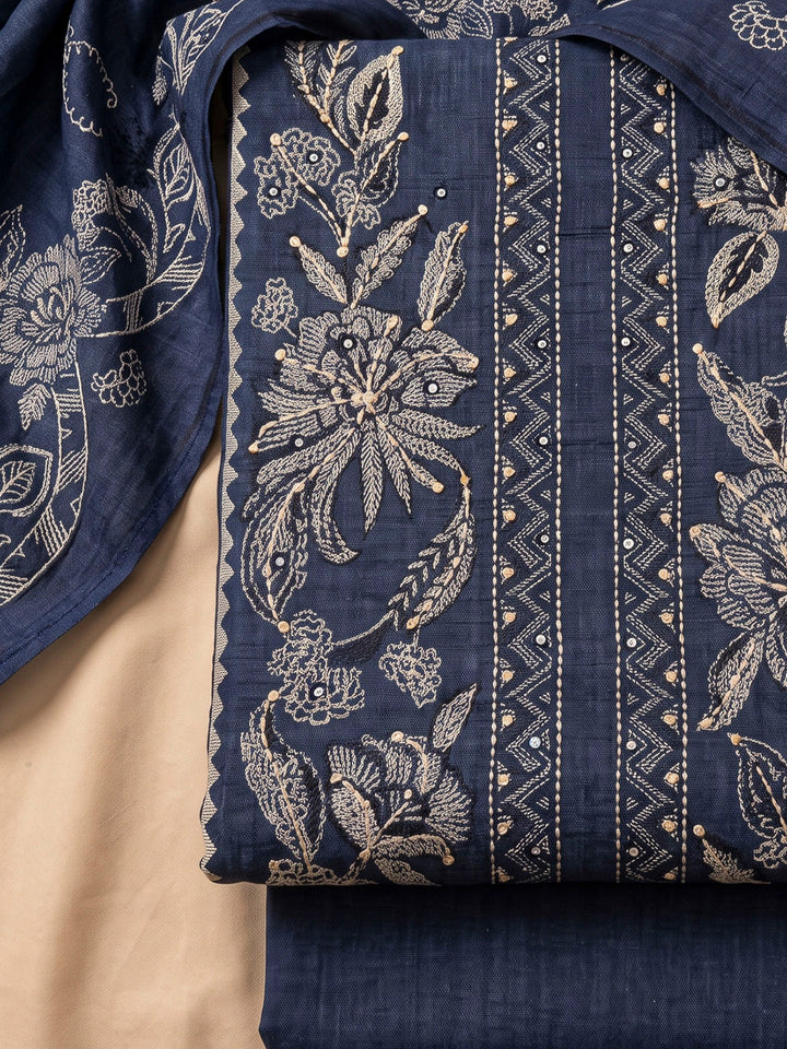 Blue Chanderi Printed Unstitched Dress Material