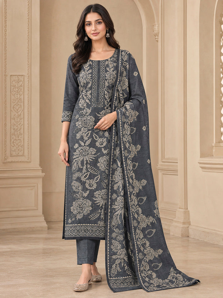 Grey Chanderi Printed Unstitched Dress Material