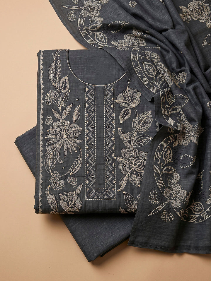 Grey Chanderi Printed Unstitched Dress Material