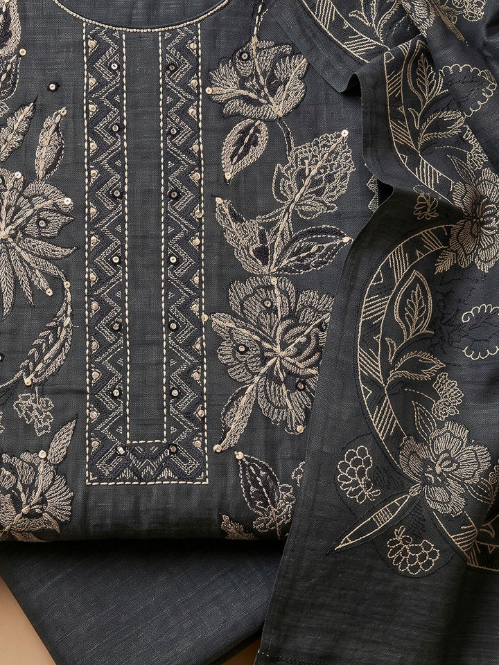 Grey Chanderi Printed Unstitched Dress Material