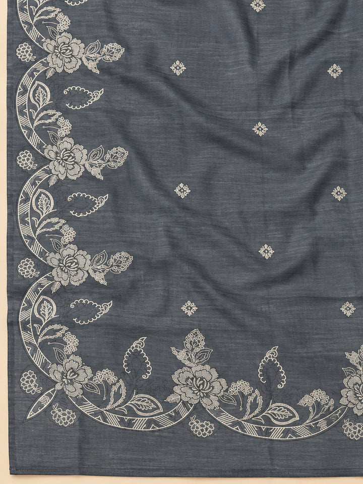 Grey Chanderi Printed Unstitched Dress Material
