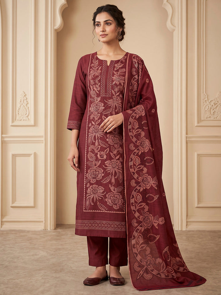 Maroon Chanderi Printed Unstitched Dress Material