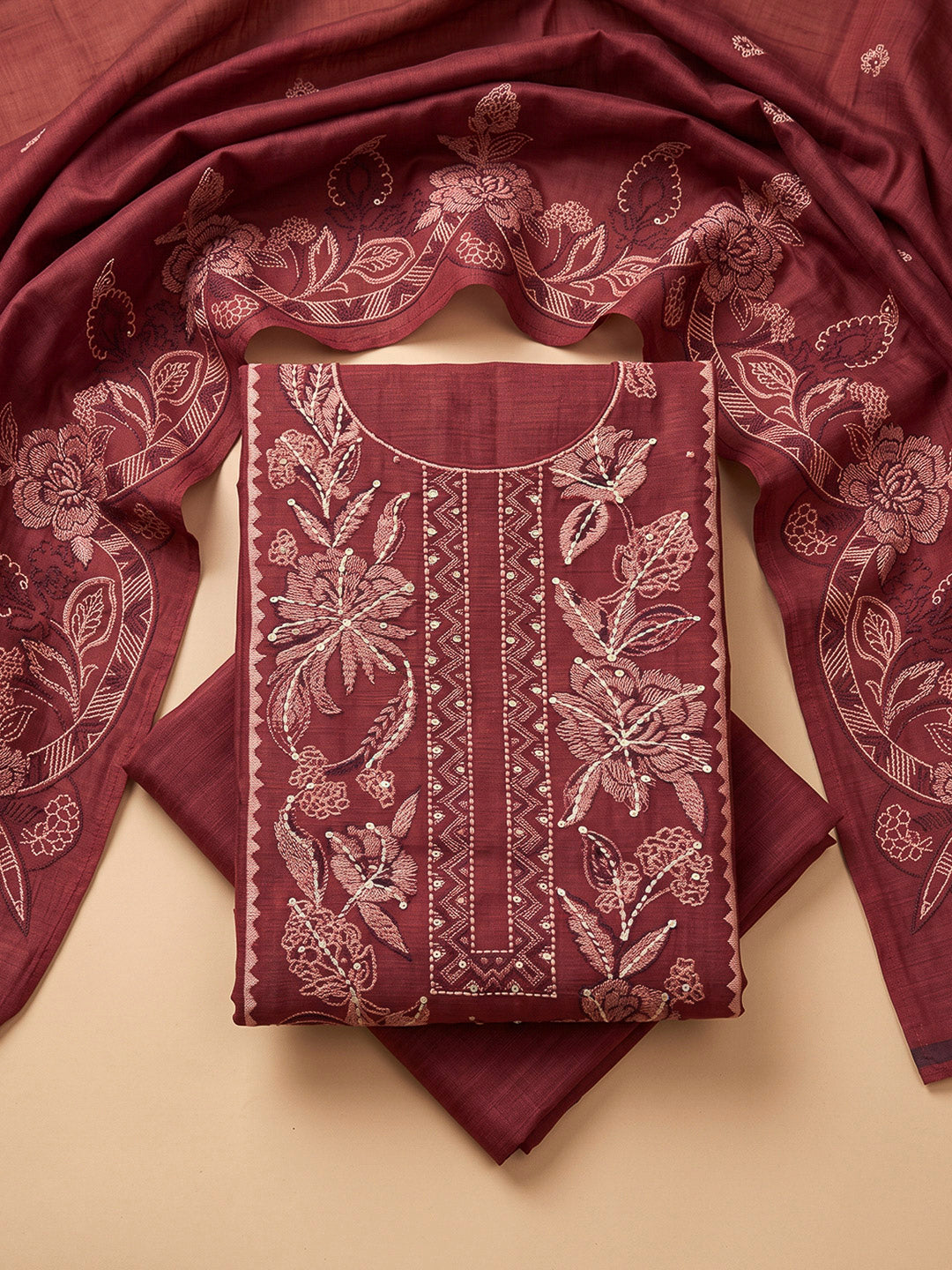 Maroon Chanderi Printed Unstitched Dress Material
