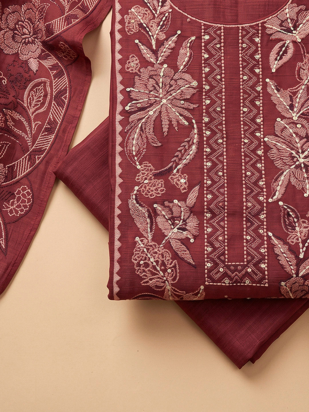 Maroon Chanderi Printed Unstitched Dress Material