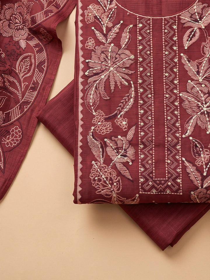 Maroon Chanderi Printed Unstitched Dress Material