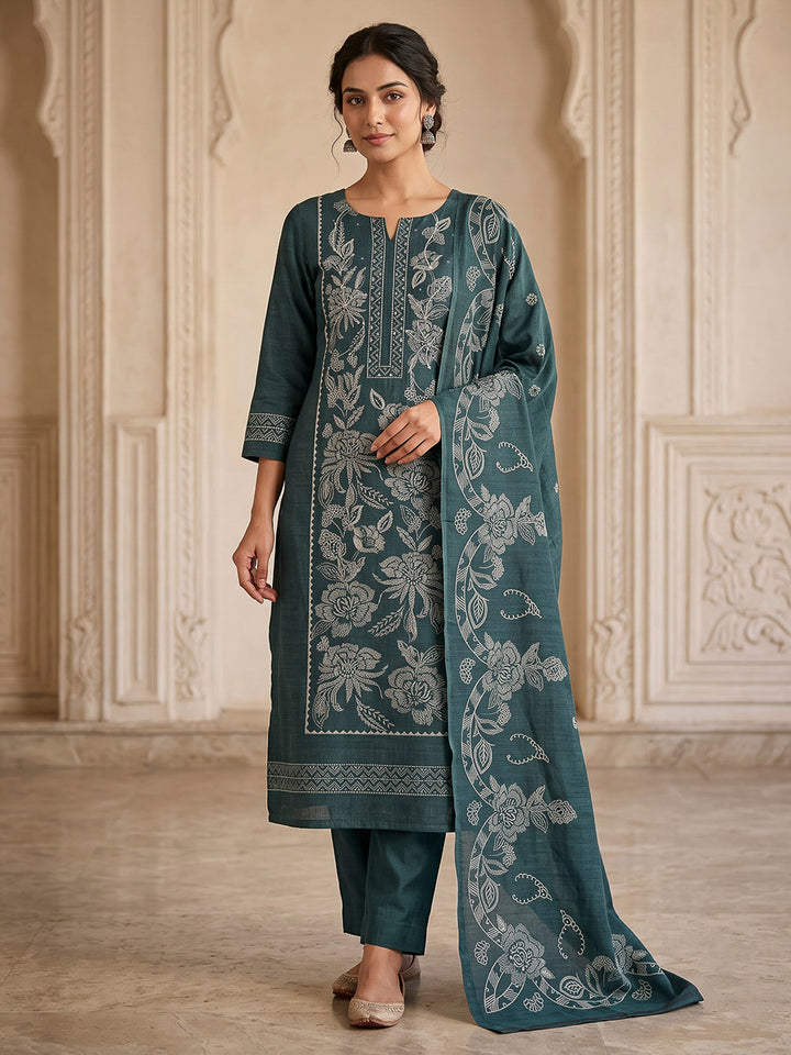 Rama Green Chanderi Printed Unstitched Dress Material