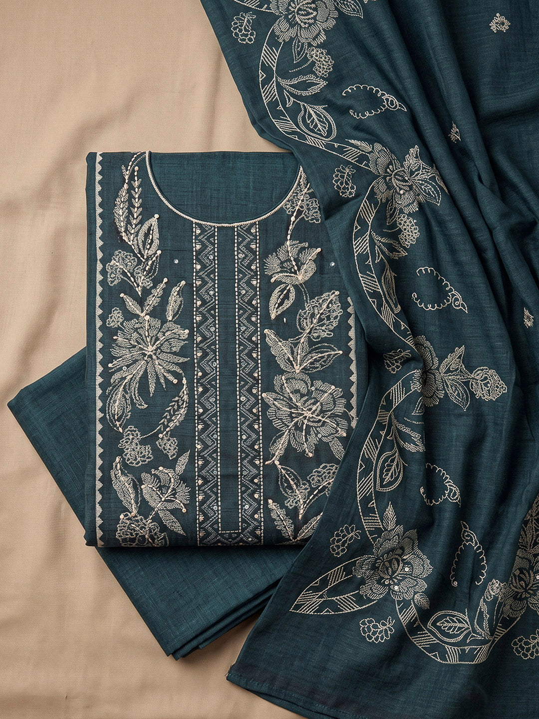 Rama Green Chanderi Printed Unstitched Dress Material