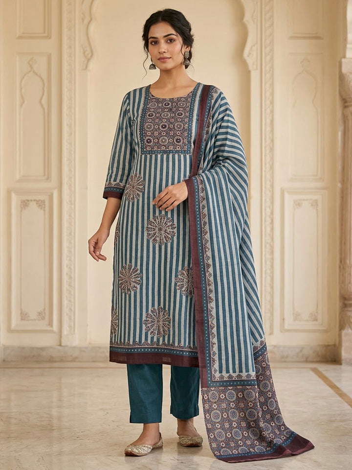 Blue Chanderi Embroidered Unstitched Dress Material