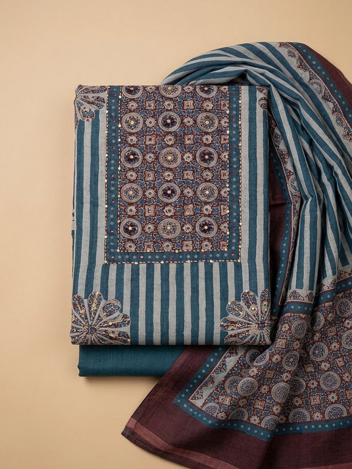 Blue Chanderi Embroidered Unstitched Dress Material