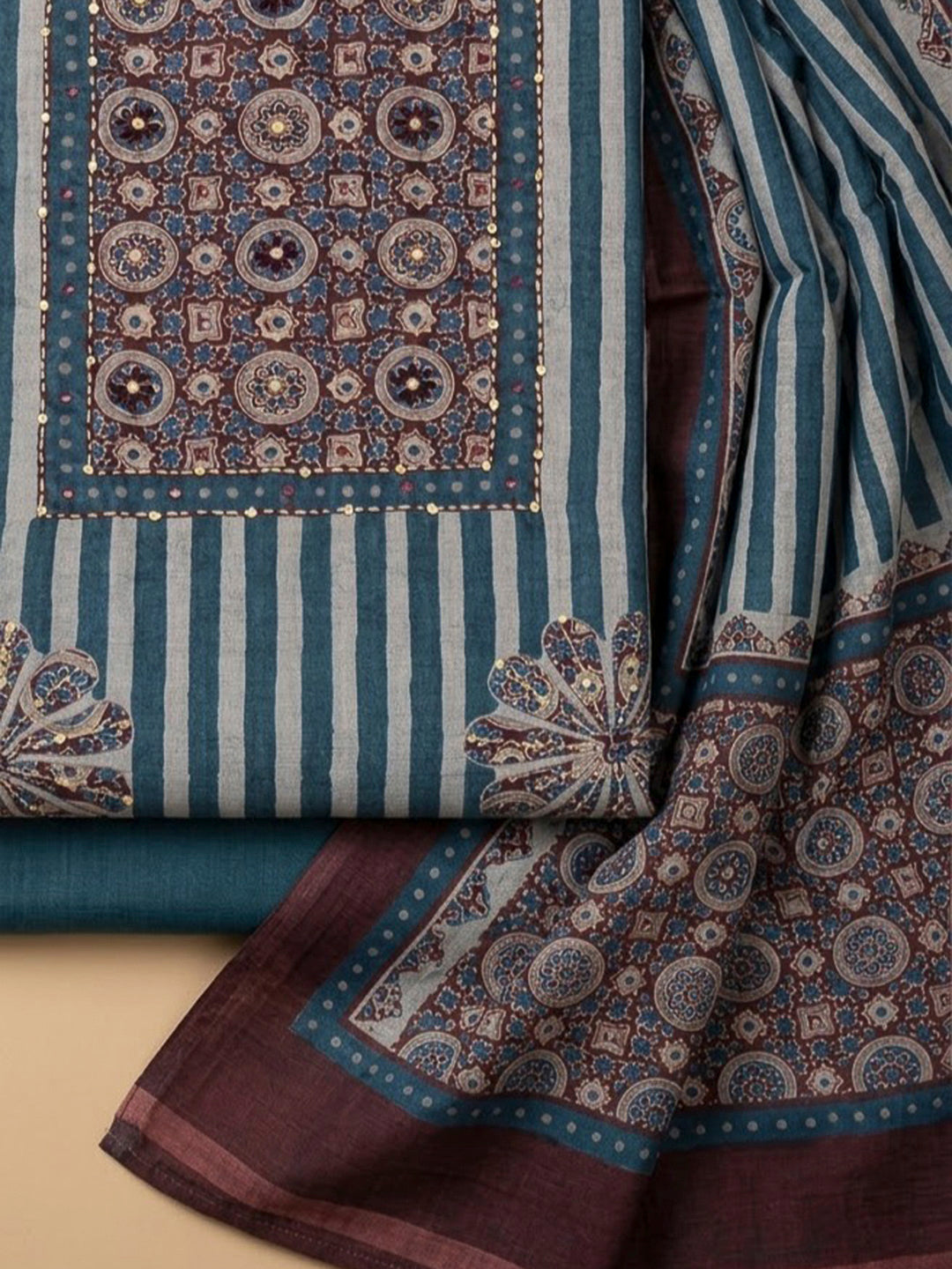 Blue Chanderi Embroidered Unstitched Dress Material
