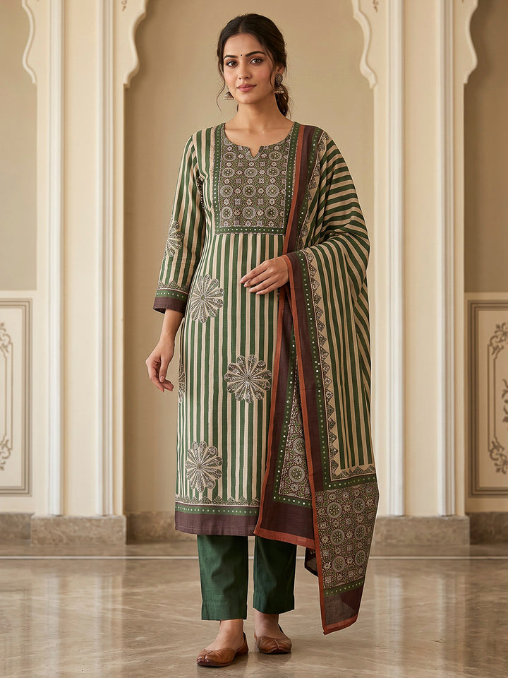 Green Chanderi Embroidered Unstitched Dress Material