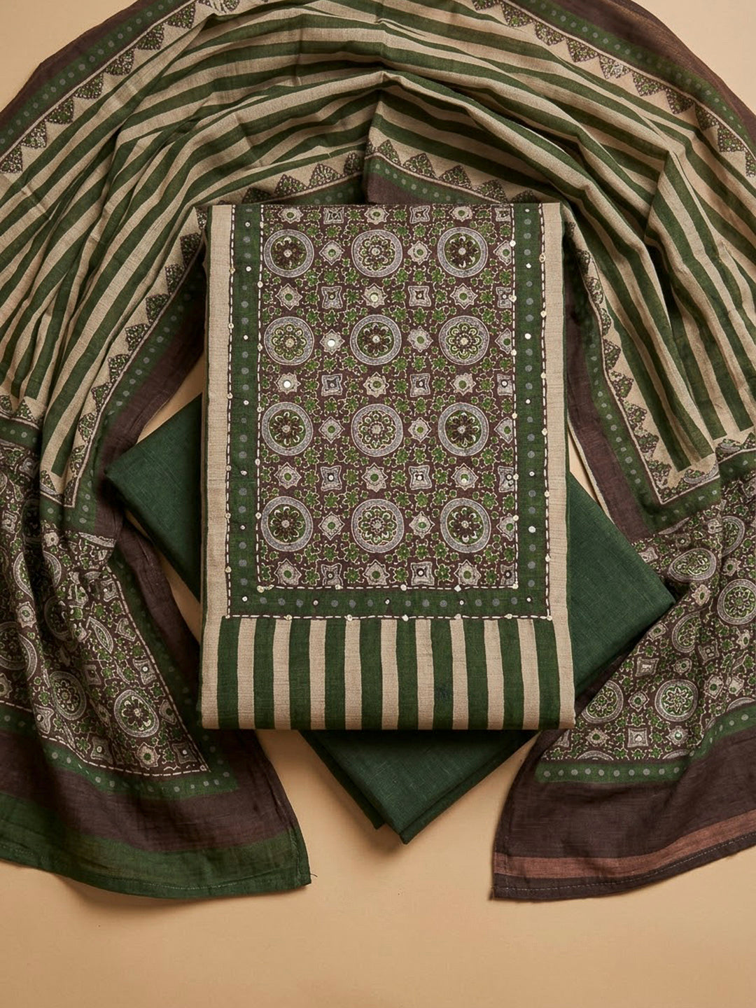 Green Chanderi Embroidered Unstitched Dress Material